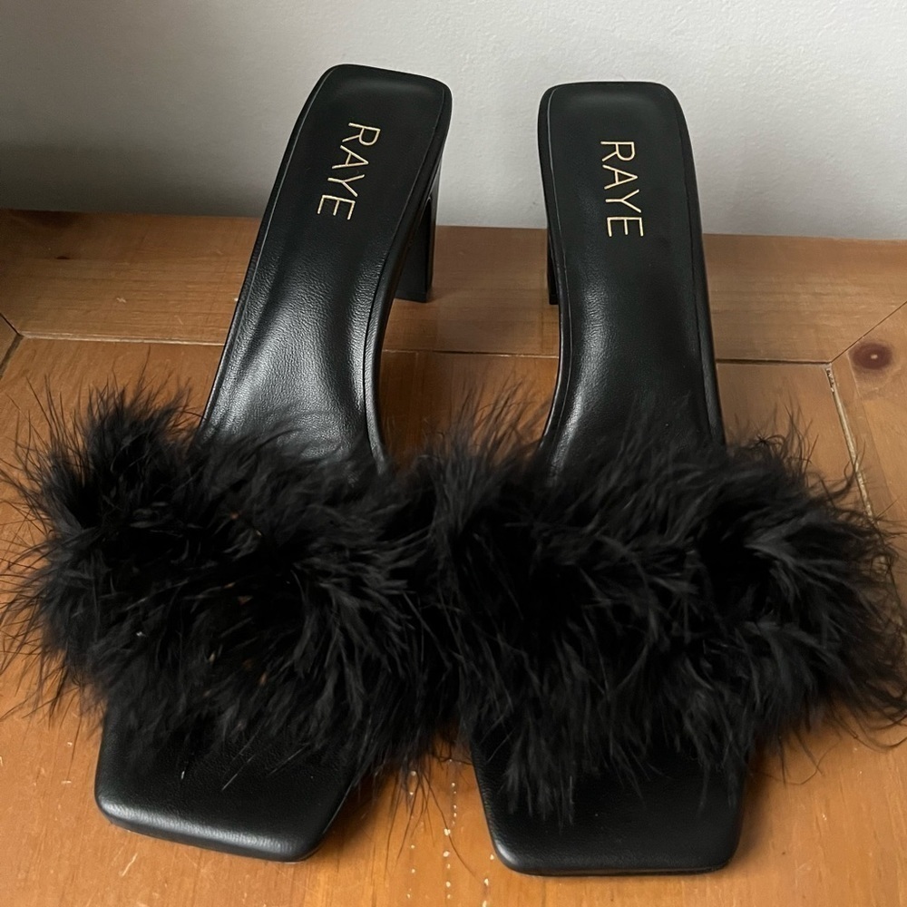 RAYE Revolve Women’s Dita Heel Black Leather Turkey Feather Upper Toe Slip On 10 - Picture 5 of 14